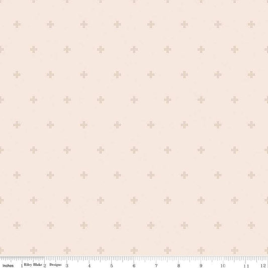 Image of the Sunsetridge Crosses Blush quilting cotton fabric by Minki Kim for Riley Blake Designs. Features pixels on a pink background. Cute Little Fabric Shop