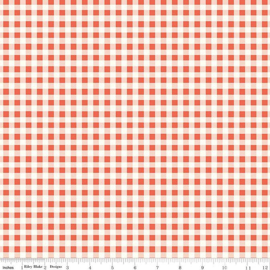 Image of the Sunsetridge Plaid Rouge quilting cotton fabric by Minki Kim for Riley Blake Designs. Features plaid on a pink background. Cute Little Fabric Shop