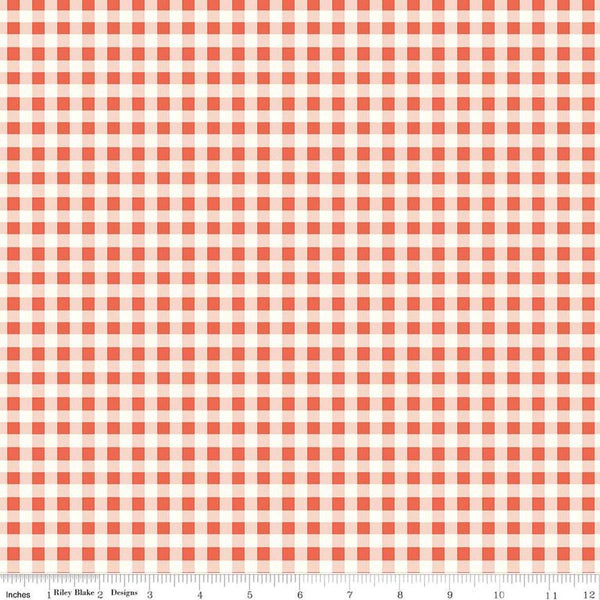 Image of the Sunsetridge Plaid Rouge quilting cotton fabric by Minki Kim for Riley Blake Designs. Features plaid on a pink background. Cute Little Fabric Shop