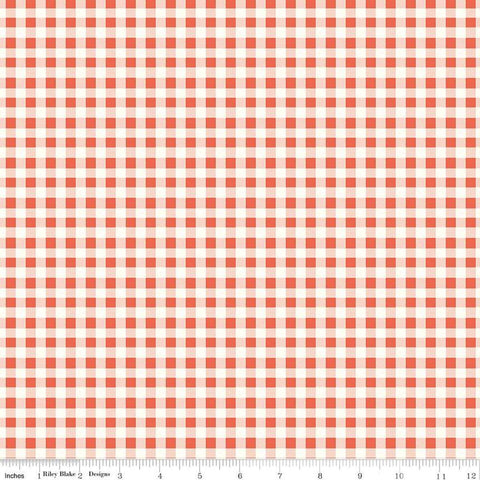 Image of the Sunsetridge Plaid Rouge quilting cotton fabric by Minki Kim for Riley Blake Designs. Features plaid on a pink background. Cute Little Fabric Shop