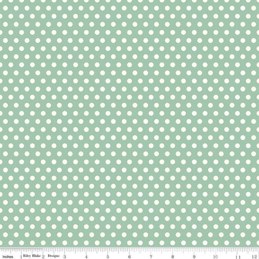 Image of the Sunsetridge Dots Seafoam quilting cotton fabric by Minki Kim for Riley Blake Designs. Features dots on a green background. Cute Little Fabric Shop