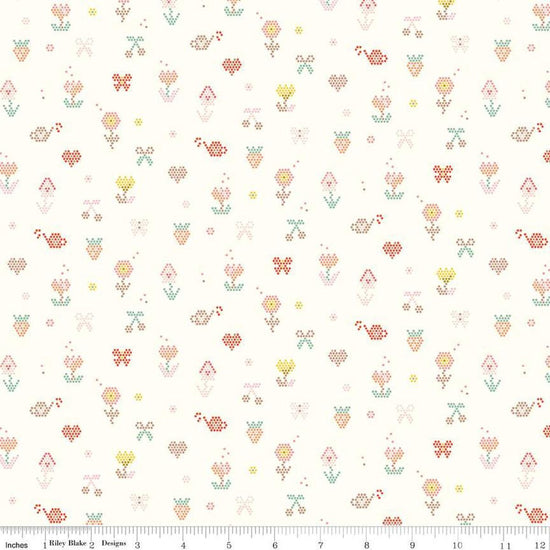 Image of the Sunsetridge Mosaic Cream quilting cotton fabric by Minki Kim for Riley Blake Designs. Features pixels on a cream background. Cute Little Fabric Shop