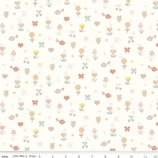 Image of the Sunsetridge Mosaic Cream quilting cotton fabric by Minki Kim for Riley Blake Designs. Features pixels on a cream background. Cute Little Fabric Shop