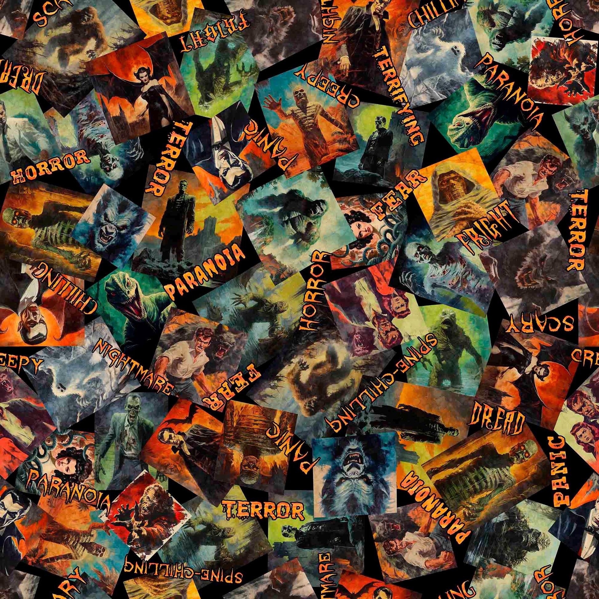 Image of the Gotta Have it Classic Movie Monsters Black quilting cotton fabric by Morris Creative Group for QT Fabrics. Features monsters on a black background. Cute Little Fabric Shop