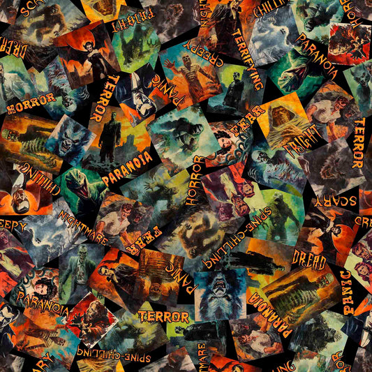 Image of the Gotta Have it Classic Movie Monsters Black quilting cotton fabric by Morris Creative Group for QT Fabrics. Features monsters on a black background. Cute Little Fabric Shop