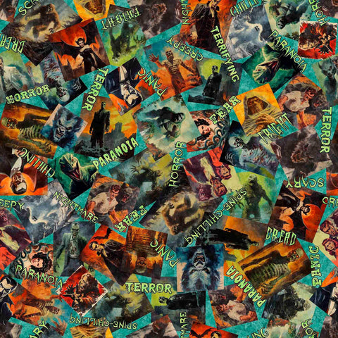 Image of the Gotta Have it Classic Movie Monsters Jade quilting cotton fabric by Morris Creative Group for QT Fabrics. Features monsters on a green background. Cute Little Fabric Shop