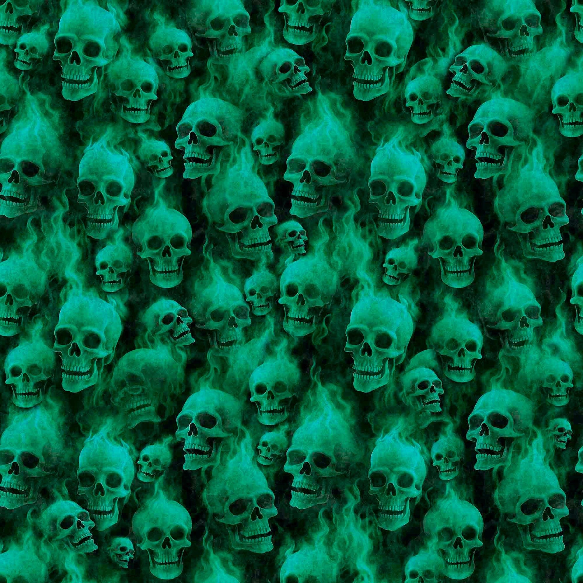Image of the Gotta Have it Flaming Skulls Jade quilting cotton fabric by Morris Creative Group for QT Fabrics. Features skulls on a green background. Cute Little Fabric Shop