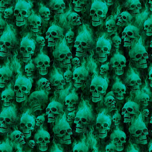 Image of the Gotta Have it Flaming Skulls Jade quilting cotton fabric by Morris Creative Group for QT Fabrics. Features skulls on a green background. Cute Little Fabric Shop