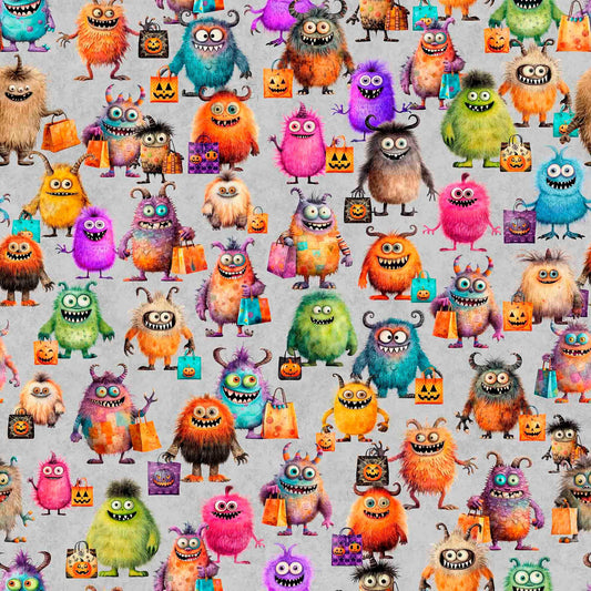Image of the Gotta Have it Monster Mash Gray quilting cotton fabric by Morris Creative Group for QT Fabrics. Features monsters on a gray background. Cute Little Fabric Shop