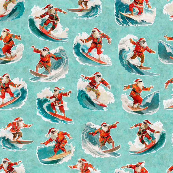 Image of the Gotta Have it Surfing Santas Aqua quilting cotton fabric by Morris Creative Group for QT Fabrics. Features santas on a teal background. Cute Little Fabric Shop