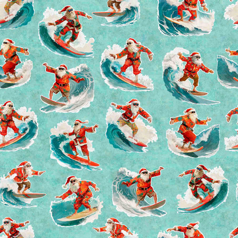 Image of the Gotta Have it Surfing Santas Aqua quilting cotton fabric by Morris Creative Group for QT Fabrics. Features santas on a teal background. Cute Little Fabric Shop