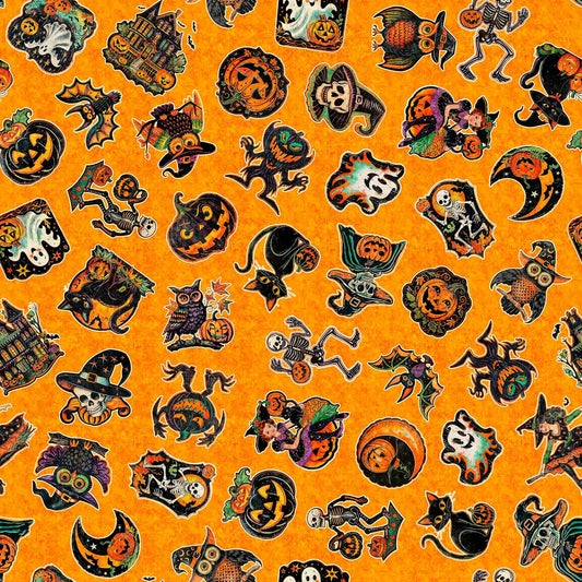Image of the Happy Haunting Halloween Character Toss Orange quilting cotton fabric by Morris Creative Group for QT Fabrics. Features characters on an orange background. Cute Little Fabric Shop