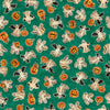 Image of the Happy Haunting Ghosts & Pumpkins Green quilting cotton fabric by Morris Creative Group for QT Fabrics. Features pumpkins on a green background. Cute Little Fabric Shop