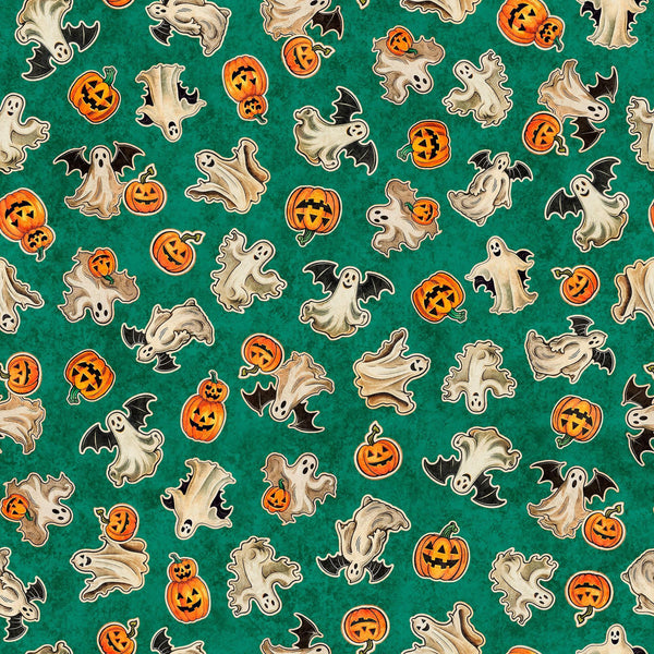 Image of the Happy Haunting Ghosts & Pumpkins Green quilting cotton fabric by Morris Creative Group for QT Fabrics. Features pumpkins on a green background. Cute Little Fabric Shop