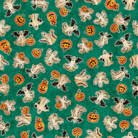 Image of the Happy Haunting Ghosts & Pumpkins Green quilting cotton fabric by Morris Creative Group for QT Fabrics. Features pumpkins on a green background. Cute Little Fabric Shop