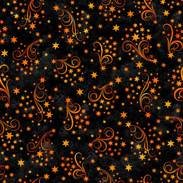 Image of the Happy Haunting Star Swirls Black quilting cotton fabric by Morris Creative Group for QT Fabrics. Features swirls on a black background. Cute Little Fabric Shop