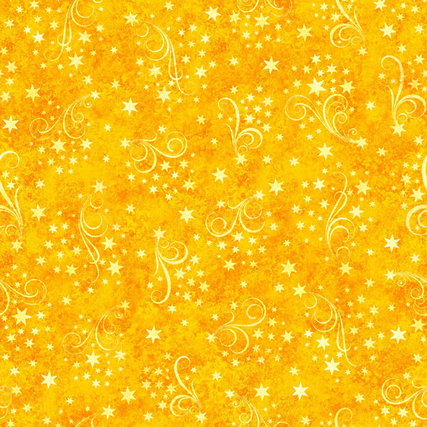 Image of the Happy Haunting Star Swirls Marigold quilting cotton fabric by Morris Creative Group for QT Fabrics. Features swirls on a yellow background. Cute Little Fabric Shop
