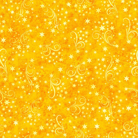 Image of the Happy Haunting Star Swirls Marigold quilting cotton fabric by Morris Creative Group for QT Fabrics. Features swirls on a yellow background. Cute Little Fabric Shop