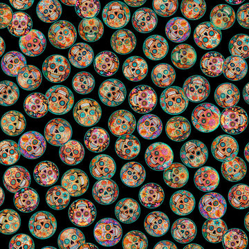 Image of the Skullduggery Mini Sugar Skulls Black quilting cotton fabric by Morris Creative Group by QT Fabrics. Features skulls on a black background. Cute Little Fabric Shop