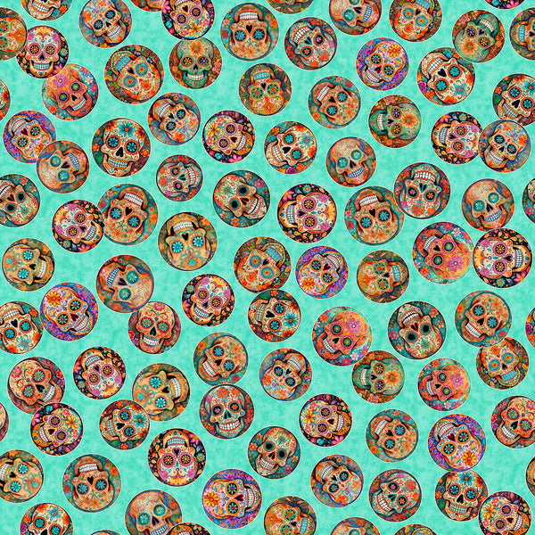 Image of the Skullduggery Mini Sugar Skulls Turquoise quilting cotton fabric by Morris Creative Group by QT Fabrics. Features skulls on a blue background. Cute Little Fabric Shop