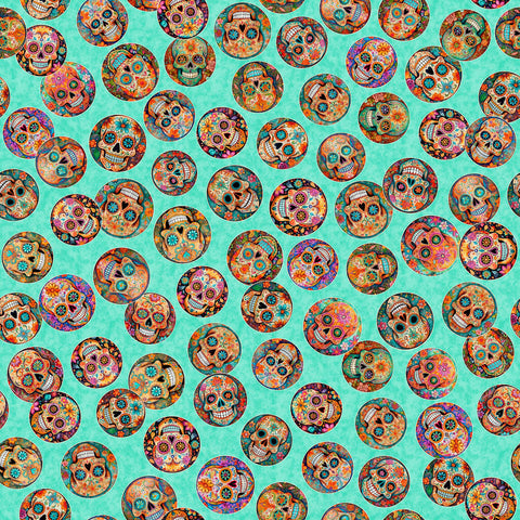 Image of the Skullduggery Mini Sugar Skulls Turquoise quilting cotton fabric by Morris Creative Group by QT Fabrics. Features skulls on a blue background. Cute Little Fabric Shop