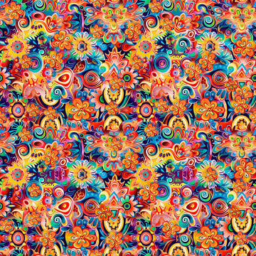 Image of the Skullduggery Floral Geo Orange quilting cotton fabric by Morris Creative Group by QT Fabrics. Features flowers on an orange background. Cute Little Fabric Shop