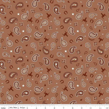 Fat Quarter End of Bolt - FLANNEL Lil Buckaroos Paisley F16021 Brown - Riley Blake - Bandana Star Paisley Horseshoe - FLANNEL Cotton Fabric