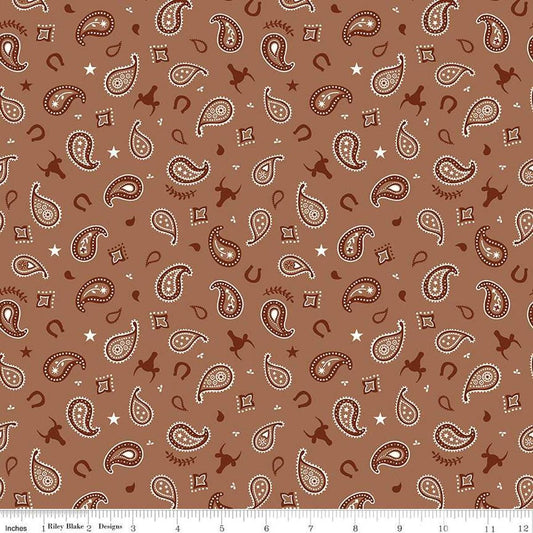 Fat Quarter End of Bolt - FLANNEL Lil Buckaroos Paisley F16021 Brown - Riley Blake - Bandana Star Paisley Horseshoe - FLANNEL Cotton Fabric