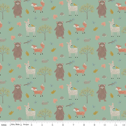 27" End of Bolt - FLANNEL Woodland Creatures F16023 Pine - Riley Blake Designs - Trees Leaves Rabbits Deer Bears Fox - FLANNEL Cotton Fabric