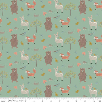 Fat Quarter End of Bolt - FLANNEL Woodland Creatures F16023 Pine - Riley Blake - Trees Leaves Rabbits Deer Bears Fox - FLANNEL Cotton Fabric