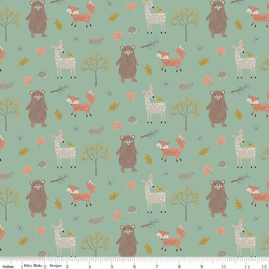 Fat Quarter End of Bolt - FLANNEL Woodland Creatures F16023 Pine - Riley Blake - Trees Leaves Rabbits Deer Bears Fox - FLANNEL Cotton Fabric