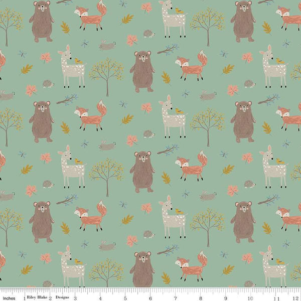 FLANNEL Woodland Creatures F16023 Pine - Riley Blake Designs - Trees Leaves Rabbits Deer Bears Fox - FLANNEL Cotton Fabric