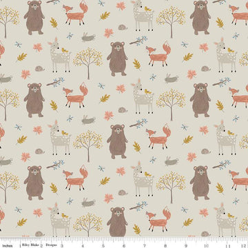 17" End Of Bolt Piece - FLANNEL Woodland Creatures F16023 Taupe - Riley Blake - Trees Leaves Rabbits Deer Bears Fox - FLANNEL Cotton Fabric