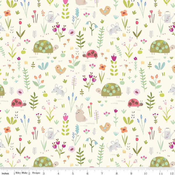 FLANNEL Garden Animals F16025 Cream - Riley Blake Designs - Flowers Floral Rabbits Mice Birds - FLANNEL Cotton Fabric