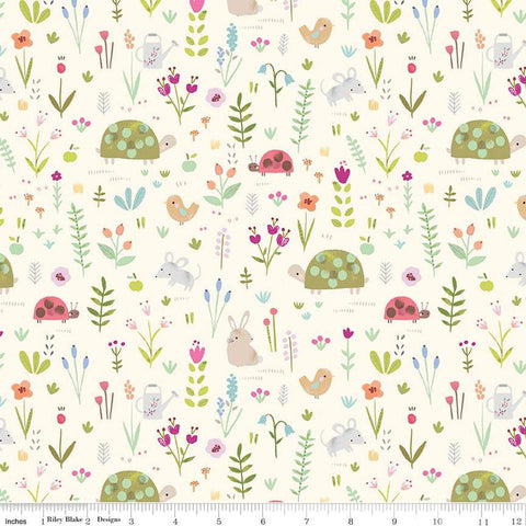 FLANNEL Garden Animals F16025 Cream - Riley Blake Designs - Flowers Floral Rabbits Mice Birds - FLANNEL Cotton Fabric