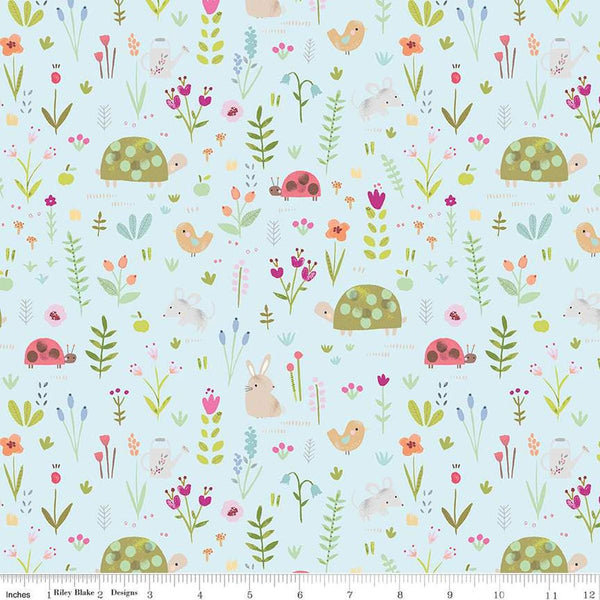 SALE FLANNEL Garden Animals F16025 Sky - Riley Blake Designs - Flowers Floral Rabbits Mice Birds - FLANNEL Cotton Fabric