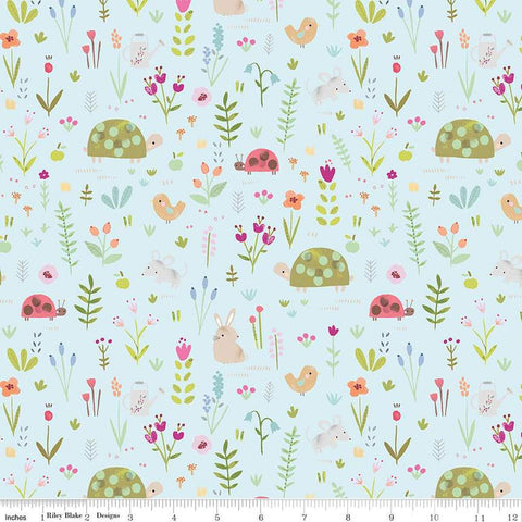 SALE FLANNEL Garden Animals F16025 Sky - Riley Blake Designs - Flowers Floral Rabbits Mice Birds - FLANNEL Cotton Fabric