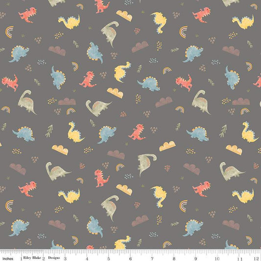 FLANNEL Dinos F16026 Gray - Riley Blake Designs - Dinosaurs Clouds Leaves Rainbows - FLANNEL Cotton Fabric