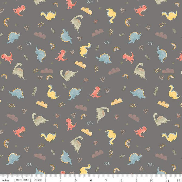 SALE FLANNEL Dinos F16026 Gray - Riley Blake Designs - Dinosaurs Clouds Leaves Rainbows - FLANNEL Cotton Fabric