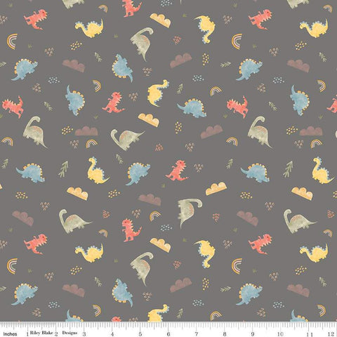 SALE FLANNEL Dinos F16026 Gray - Riley Blake Designs - Dinosaurs Clouds Leaves Rainbows - FLANNEL Cotton Fabric