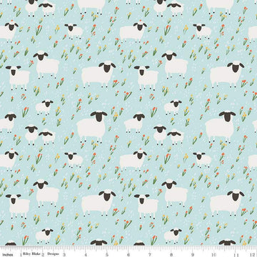 24" End of Bolt - FLANNEL Little Lambs F16027 Blue - Riley Blake Designs - Sheep Field Flowers Lamb Floral - FLANNEL Cotton Fabric