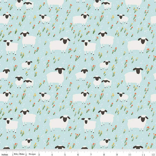 24" End of Bolt - FLANNEL Little Lambs F16027 Blue - Riley Blake Designs - Sheep Field Flowers Lamb Floral - FLANNEL Cotton Fabric