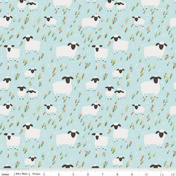 15" End of Bolt - FLANNEL Little Lambs F16027 Blue - Riley Blake Designs - Sheep Field Flowers Lamb Floral - FLANNEL Cotton Fabric