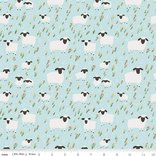 15" End of Bolt - FLANNEL Little Lambs F16027 Blue - Riley Blake Designs - Sheep Field Flowers Lamb Floral - FLANNEL Cotton Fabric