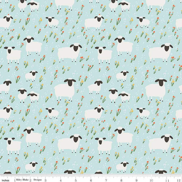 FLANNEL Little Lambs F16027 Blue - Riley Blake Designs - Sheep Field Flowers Lamb Floral - FLANNEL Cotton Fabric