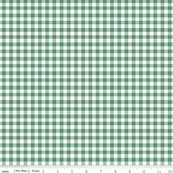 Image of the Sunsetridge Plaid Lodge Pole quilting cotton fabric by Minki Kim for Riley Blake Designs. Features gingham on a green background. Cute Little Fabric Shop