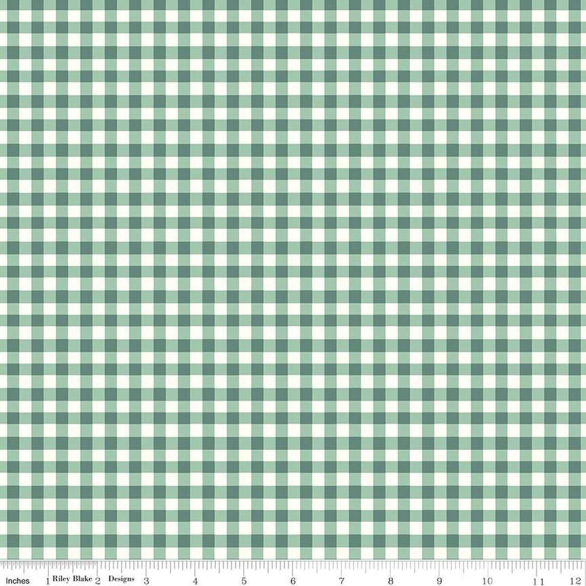 Image of the Sunsetridge Plaid Lodge Pole quilting cotton fabric by Minki Kim for Riley Blake Designs. Features gingham on a green background. Cute Little Fabric Shop