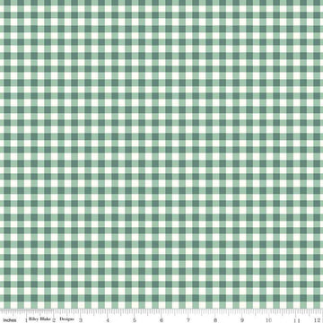 Image of the Sunsetridge Plaid Lodge Pole quilting cotton fabric by Minki Kim for Riley Blake Designs. Features gingham on a green background. Cute Little Fabric Shop