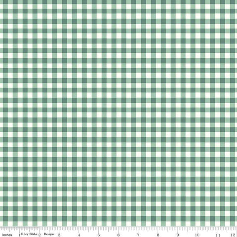 Image of the Sunsetridge Plaid Lodge Pole quilting cotton fabric by Minki Kim for Riley Blake Designs. Features gingham on a green background. Cute Little Fabric Shop