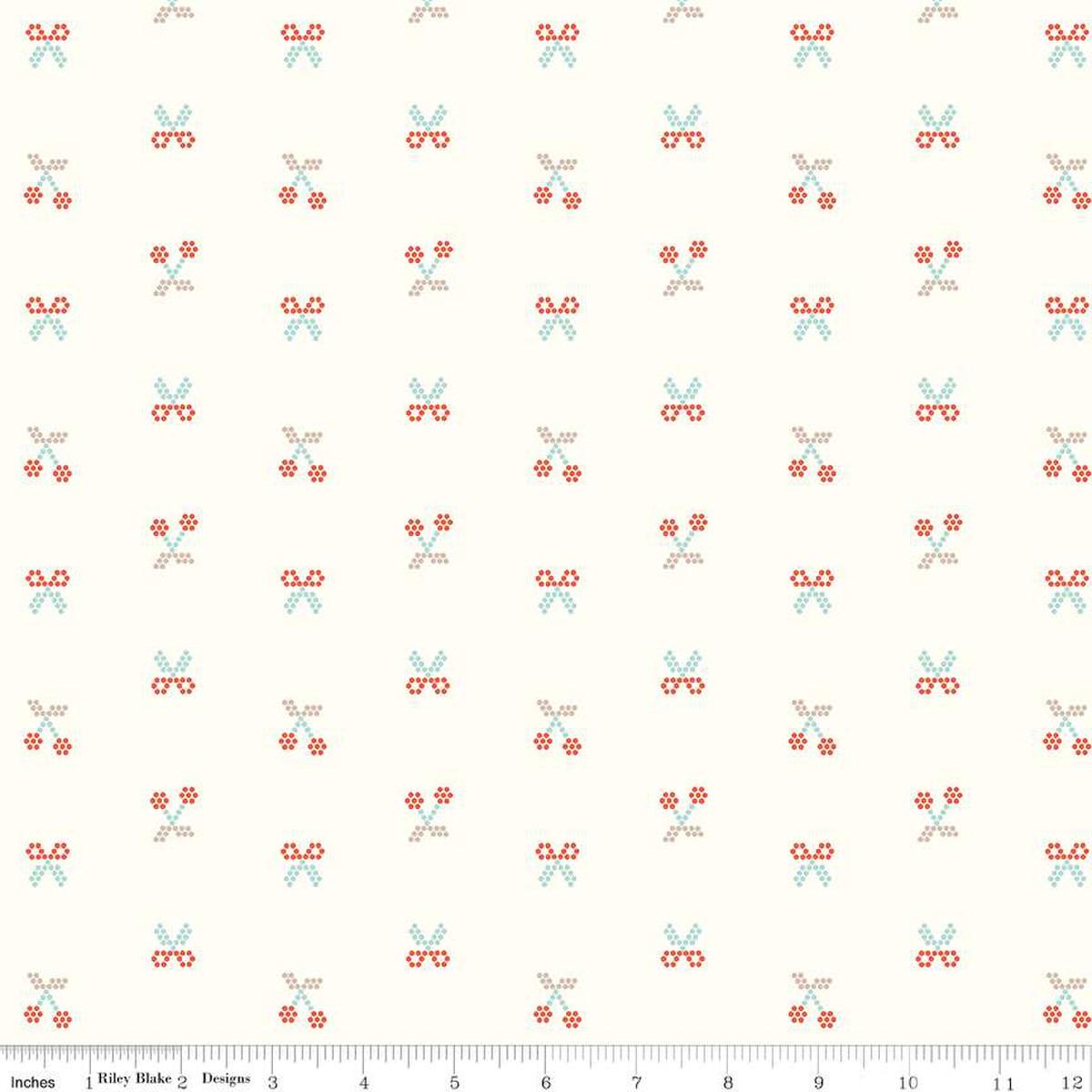 Image of the Sunsetridge Scissors Cream quilting cotton fabric by Minki Kim for Riley Blake Designs. Features pixels on a cream background. Cute Little Fabric Shop